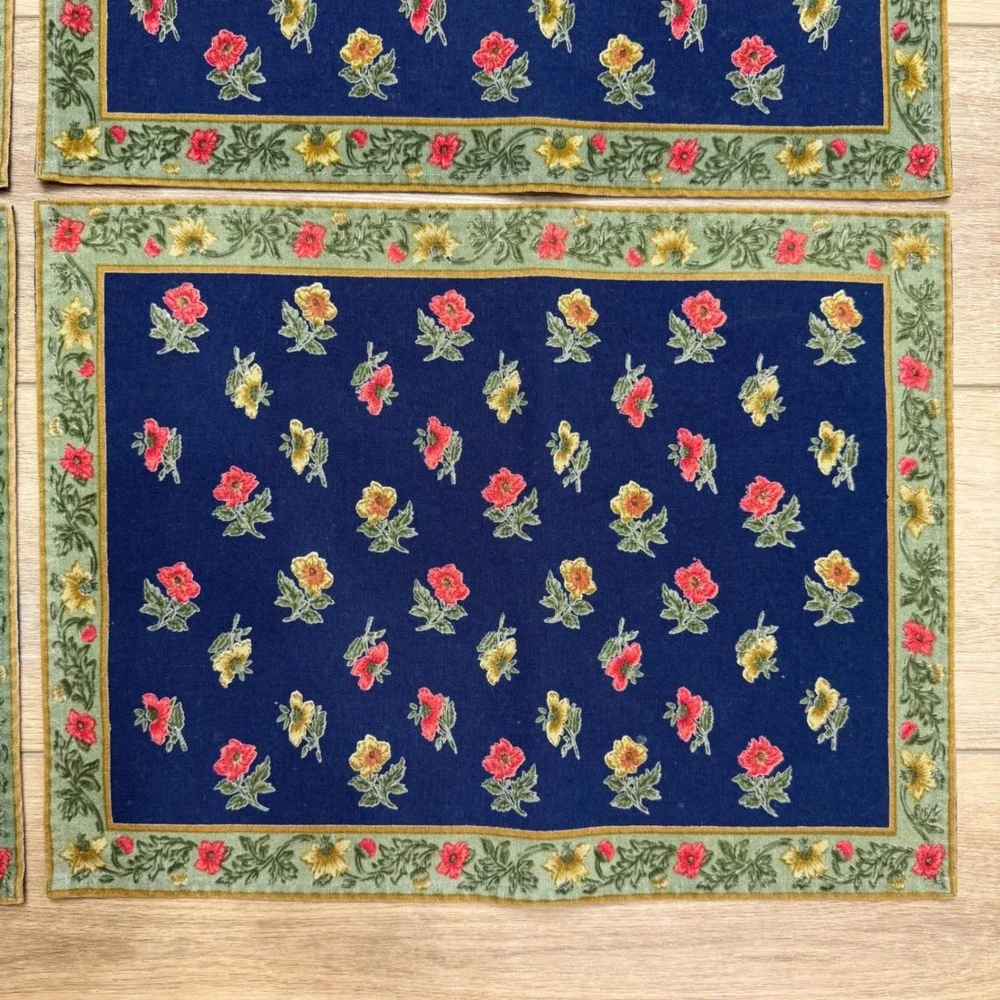 Vintage Floral Placemats Set of 4 Navy Blue Sage Green‎ Red Yellow Cottagecore